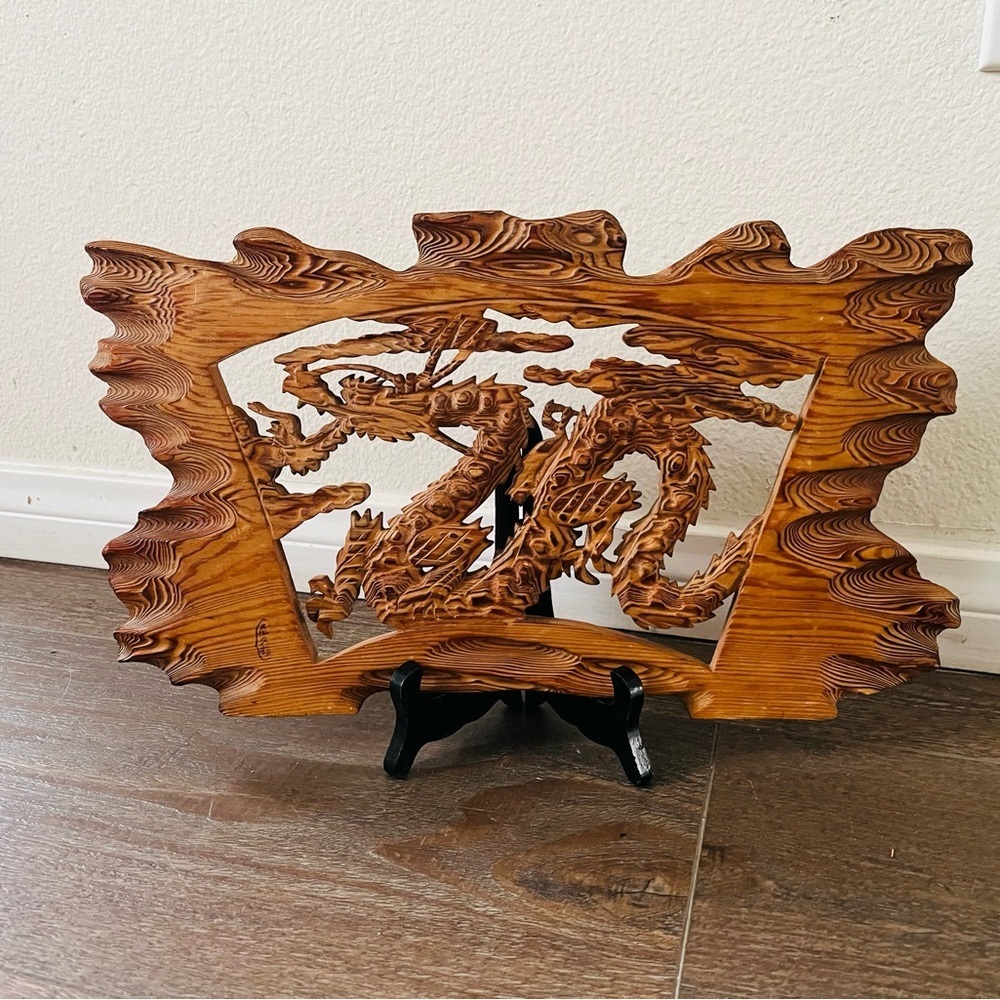 Vintage Hand Carved Wooden Dragon Panel 8/14 Inch